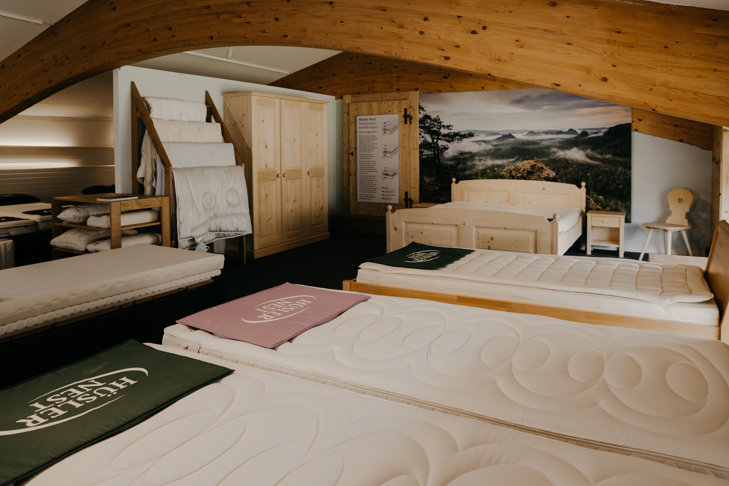 Ein Zimmer mit mehreren Matratzen und Betten, Holzdecke und einer Wand mit Berg- und Waldlandschaft