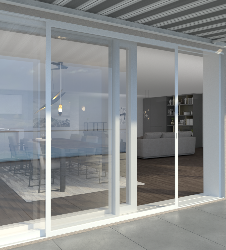 Innenansicht eines modernen Hauses mit großen Glasfenstern, die einen Essbereich mit Esstisch und Stühlen sowie ein Wohnzimmer mit Sofa und Bücherregal zeigen.