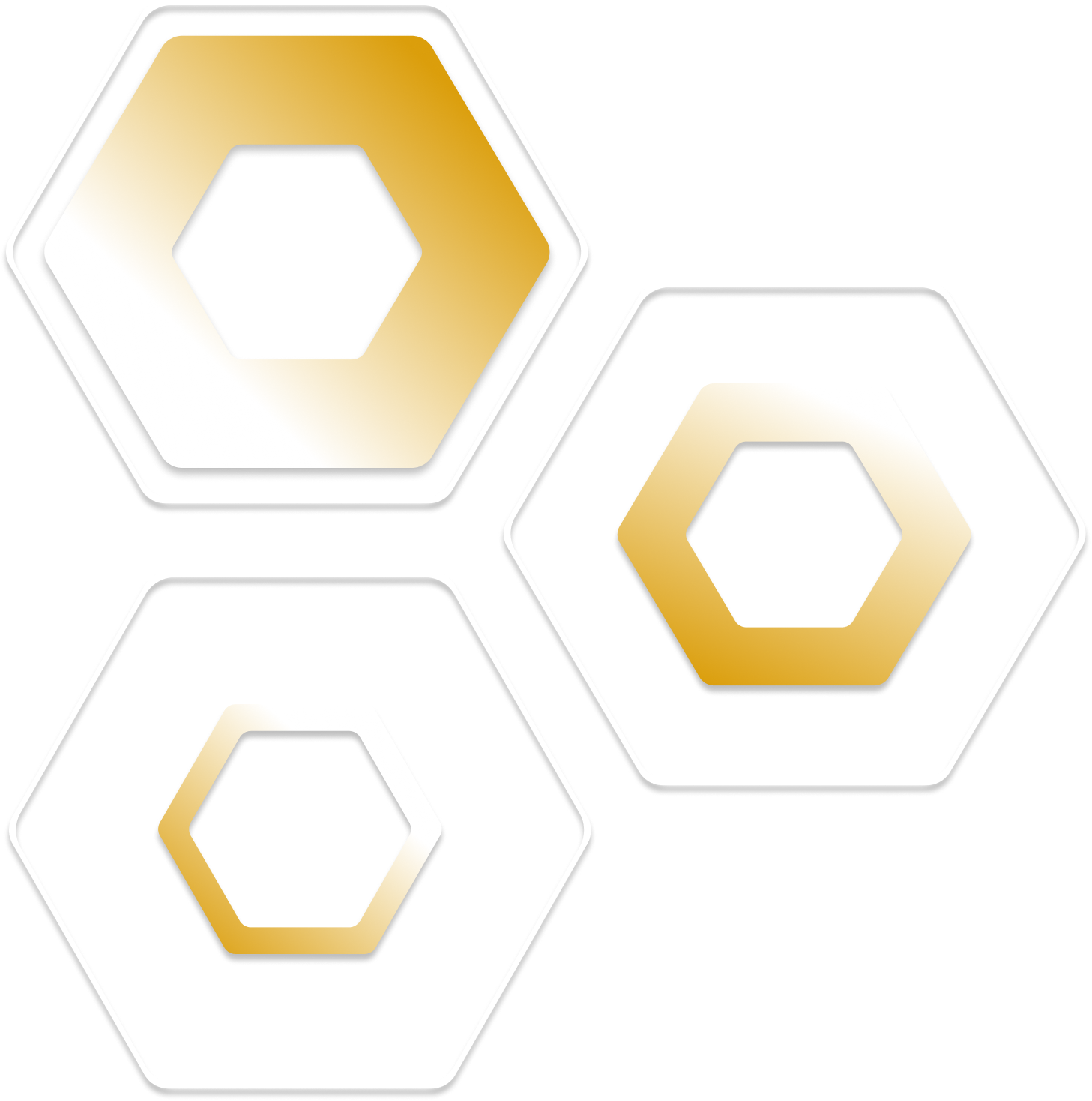 Close-up image of three metallic hex nuts, two with a gold and black finish and one with a white and gold finish, arranged on a reflective surface.
