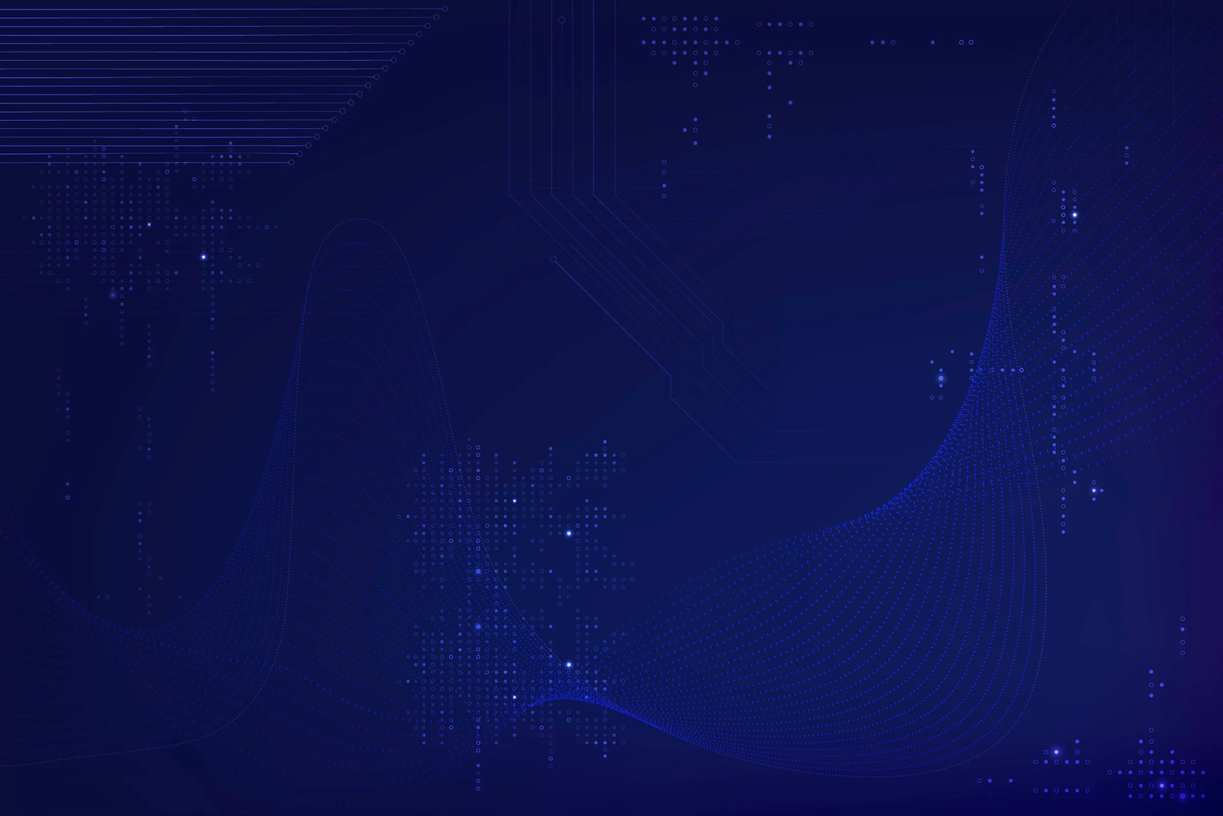 Digital abstract background with blue lines, dots, and wave patterns on a dark blue background.