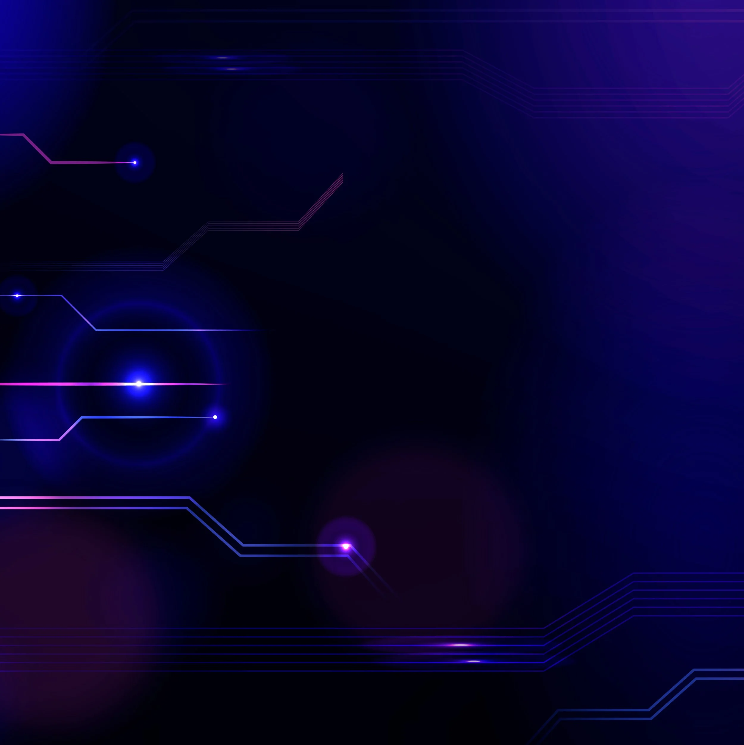 A dark digital background with purple and blue circuit-like lines and glowing points.