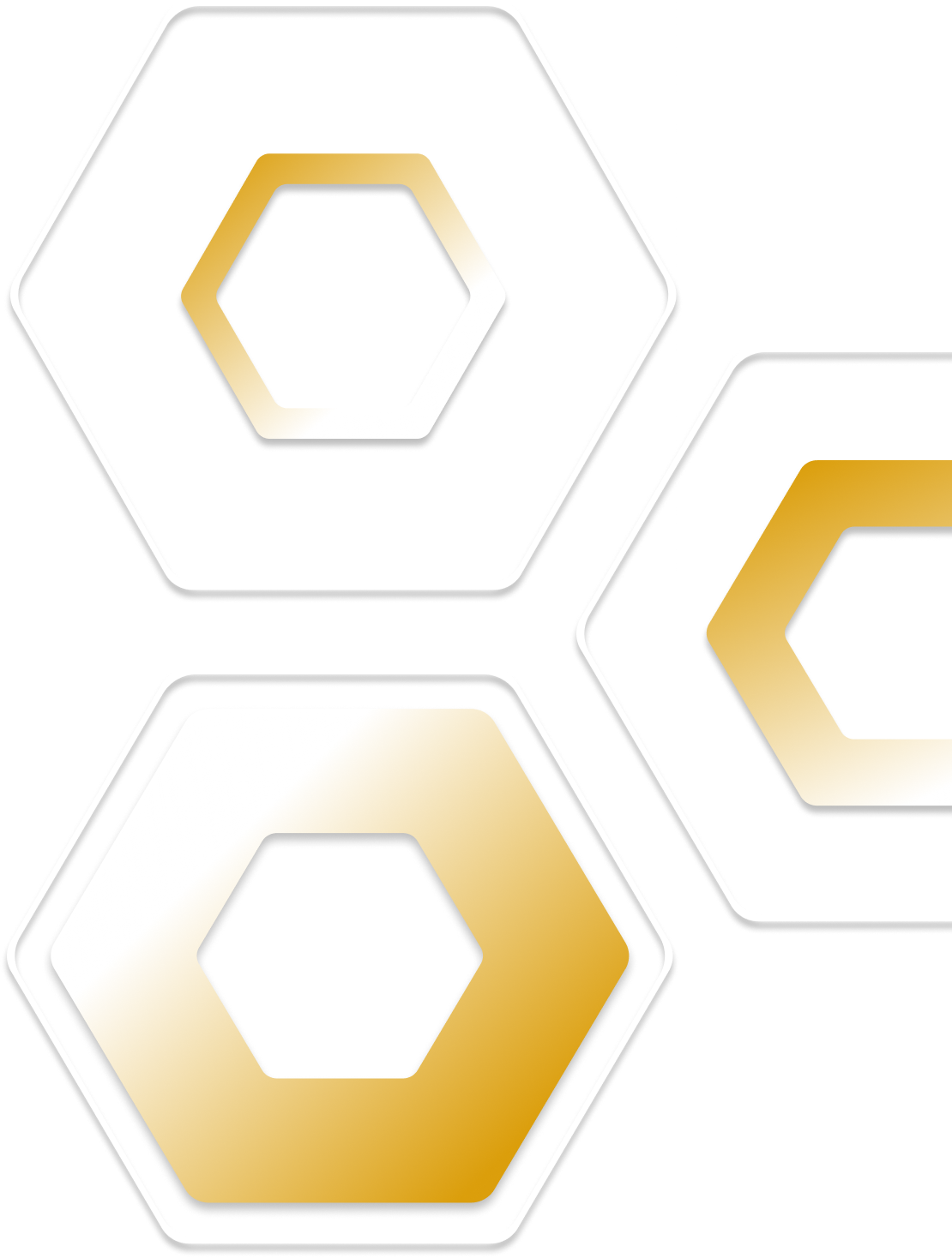 Close-up of three hexagonal nuts with metallic gold and silver finishes.