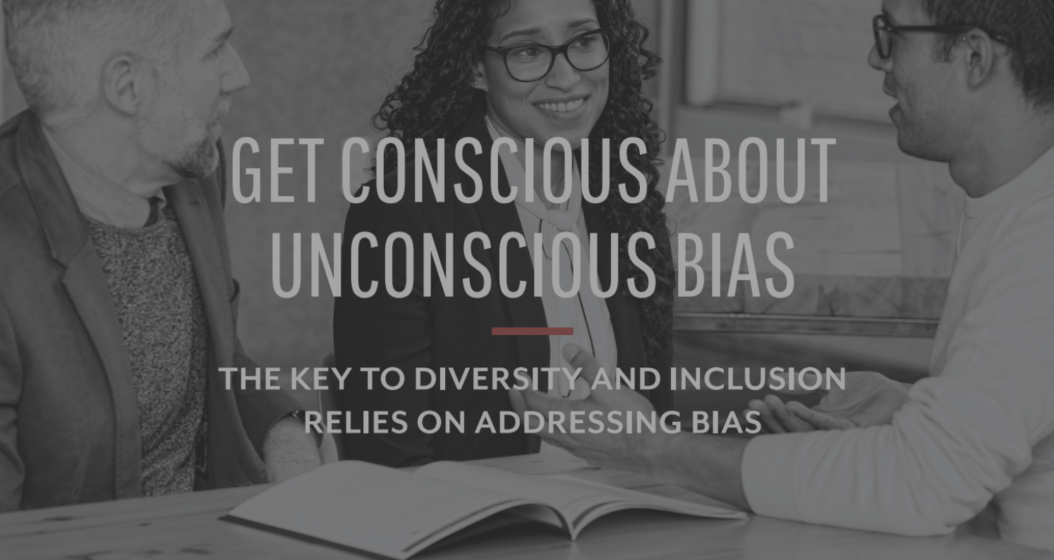 Three people in conversation at a table, with overlaid text about understanding unconscious bias and diversity.