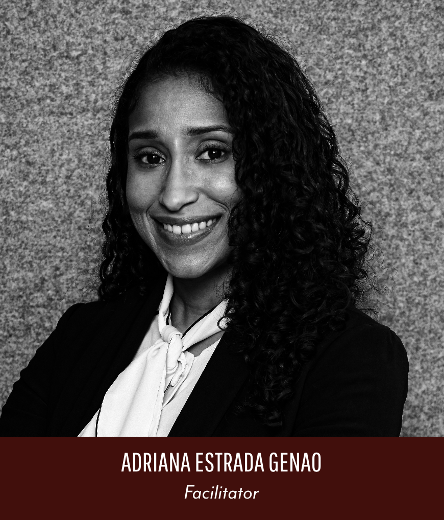 Black and white professional headshot of a woman with curly hair, wearing a blazer and a white scarf, smiling, with a textured background, and a name tag at the bottom reading "Adriana Estrada Genao, Facilitator."