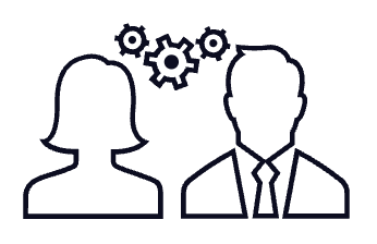 An outline drawing of a woman and a man in business attire with gears above their heads, symbolizing teamwork or collaboration.