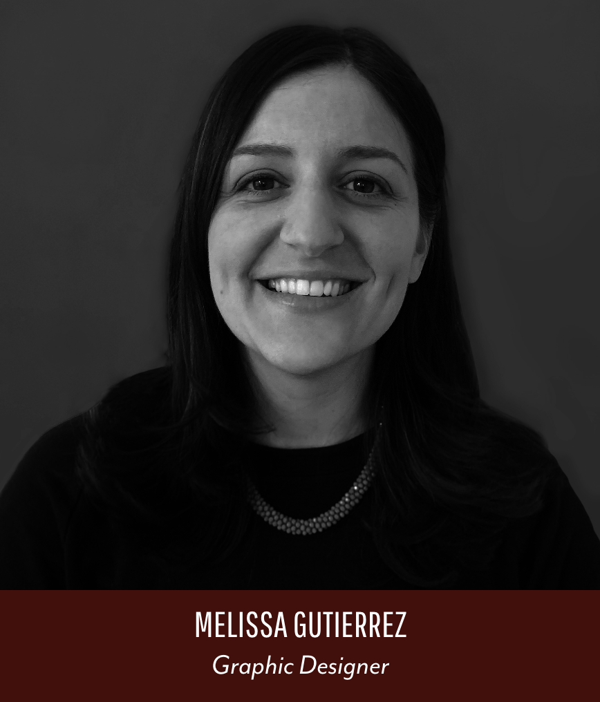 Black and white headshot of Melissa Gutierrez, a woman with long dark hair, smiling, wearing a necklace and a dark top, with a plain background. A red banner at the bottom displays her name and title, "Melissa Gutierrez, Graphic Designer."