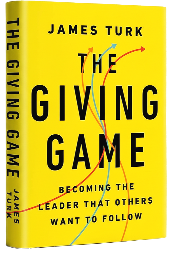 Cover of the book titled 'The Giving Game' by James Turk, with a yellow background and colorful arrows crossing the title.