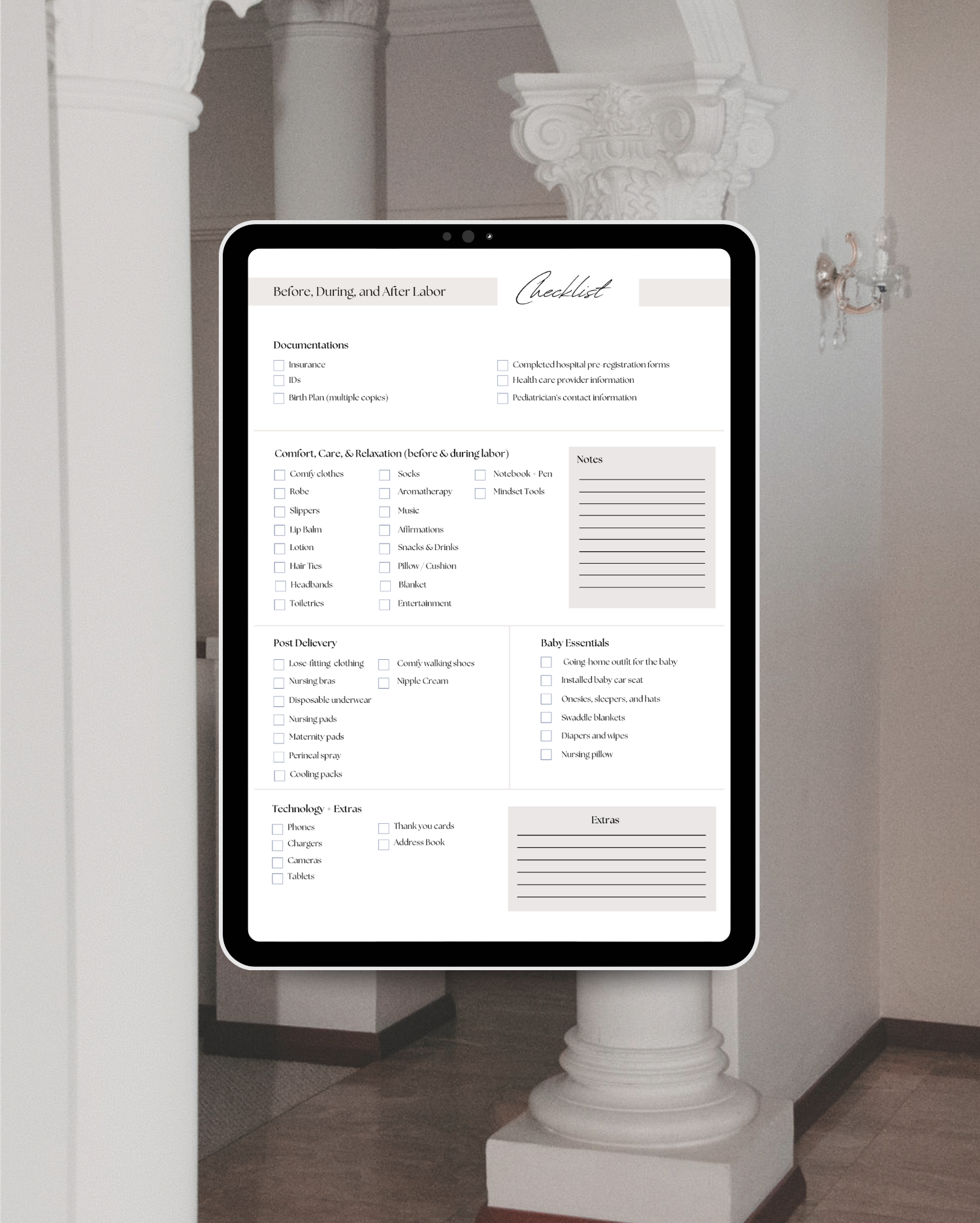 A digital checklist displayed on a tablet screen, listing items for before, during, and after labor in a healthcare setting.