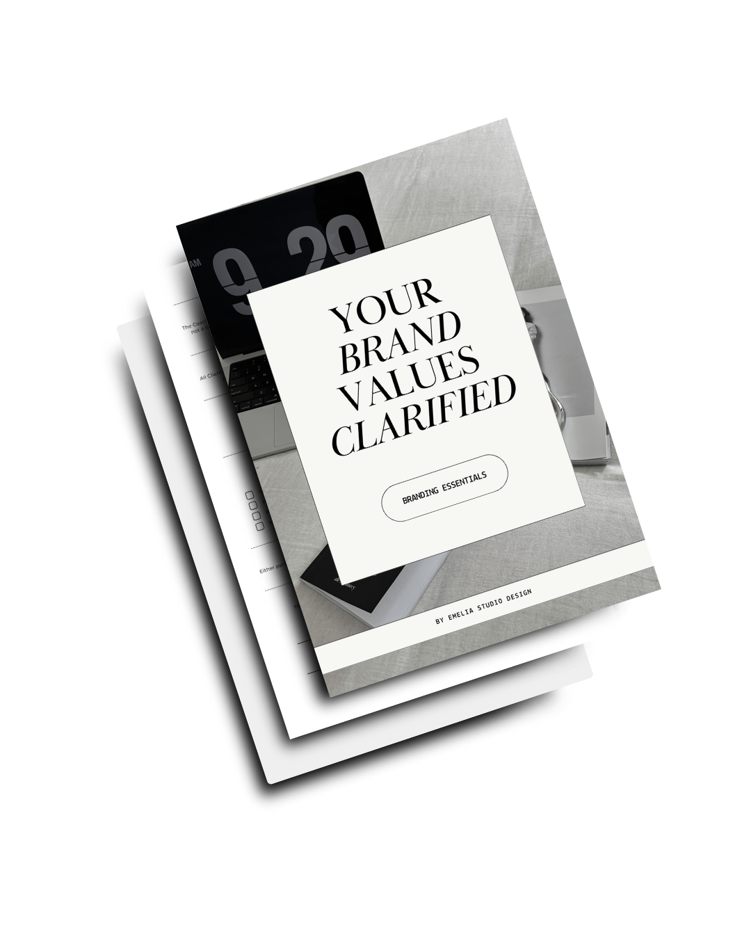 A collection of printed marketing and branding materials, including a booklet titled 'Your Brand Values Clarified' on top.