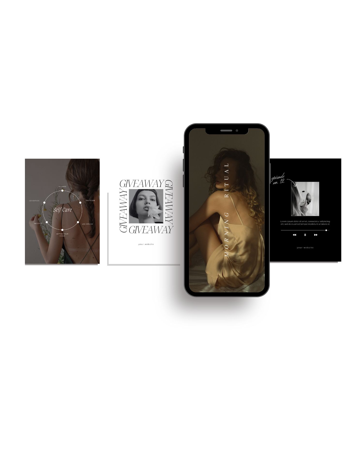 Collection of digital images and screens displaying promotional content for a mobile app, including women's portraits, giveaway announcements, and media player interfaces with a black rectangular background.