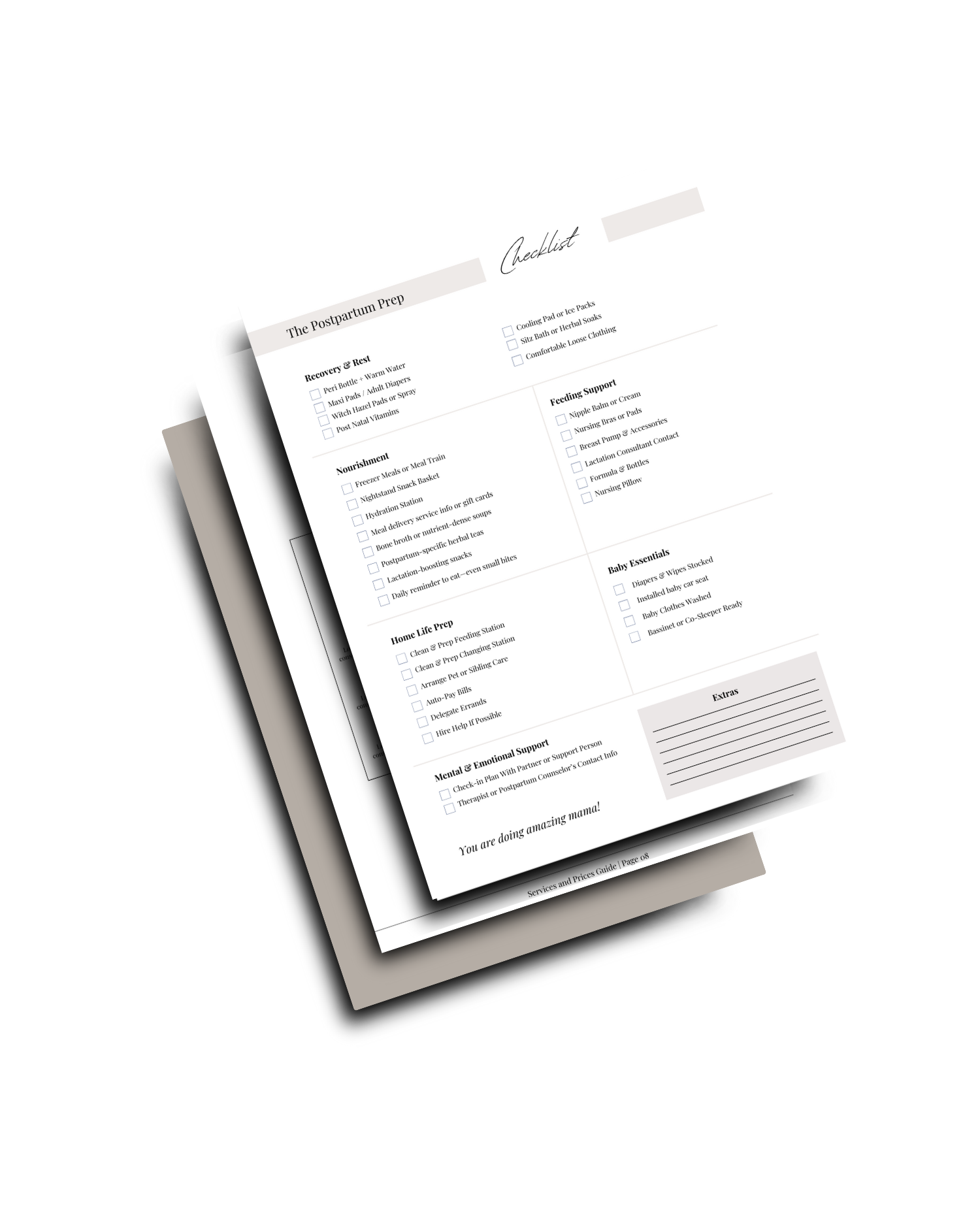 Postpartum preparation checklist printed on a sheet of paper with sections for recovery, nourishment, home life, emotional support, feeding support, baby essentials, and extras, partially overlapped by another sheet.