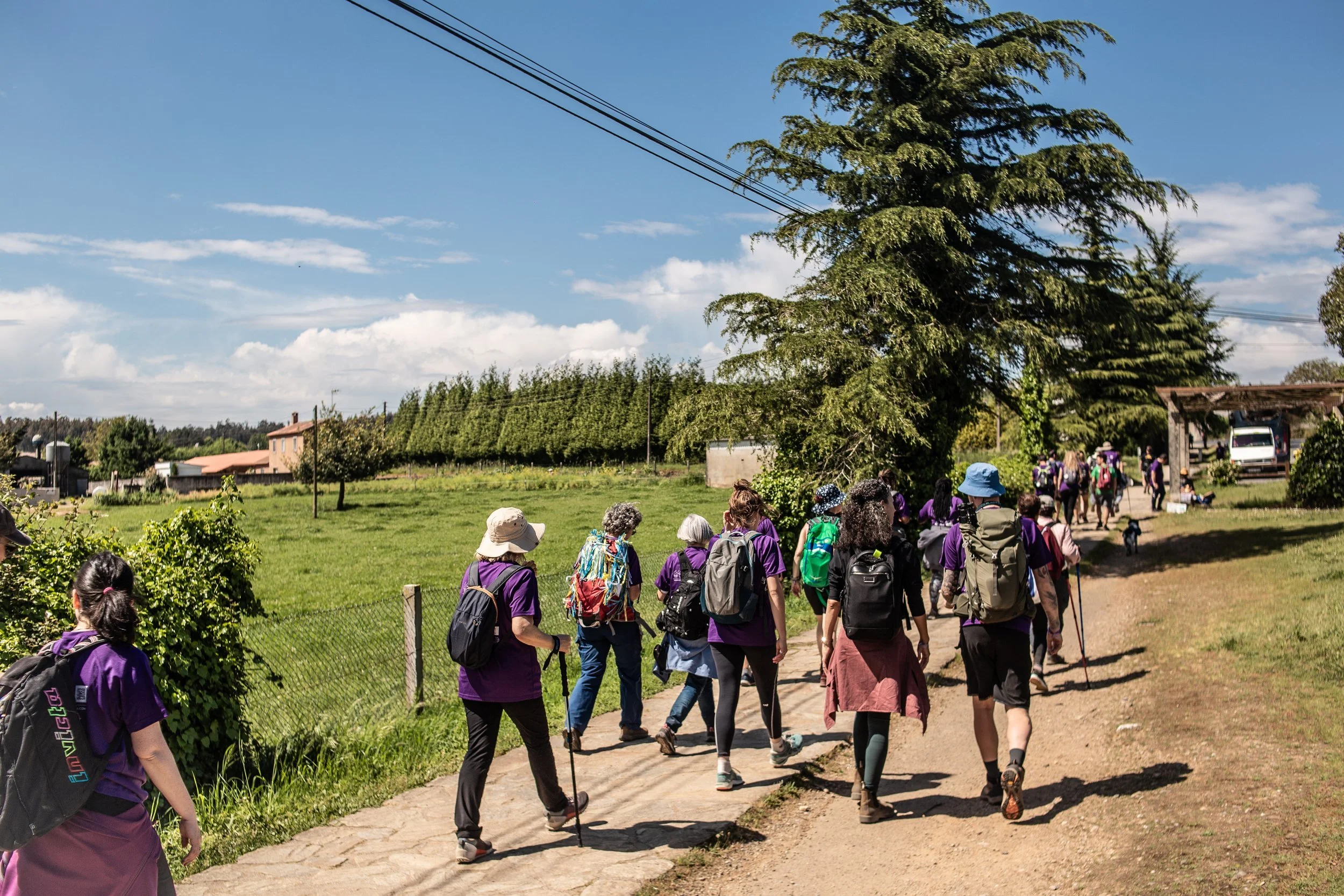 A group of people hiking on a dirt trail through a rural landscape with green fields, trees, and a blue sky with clouds.