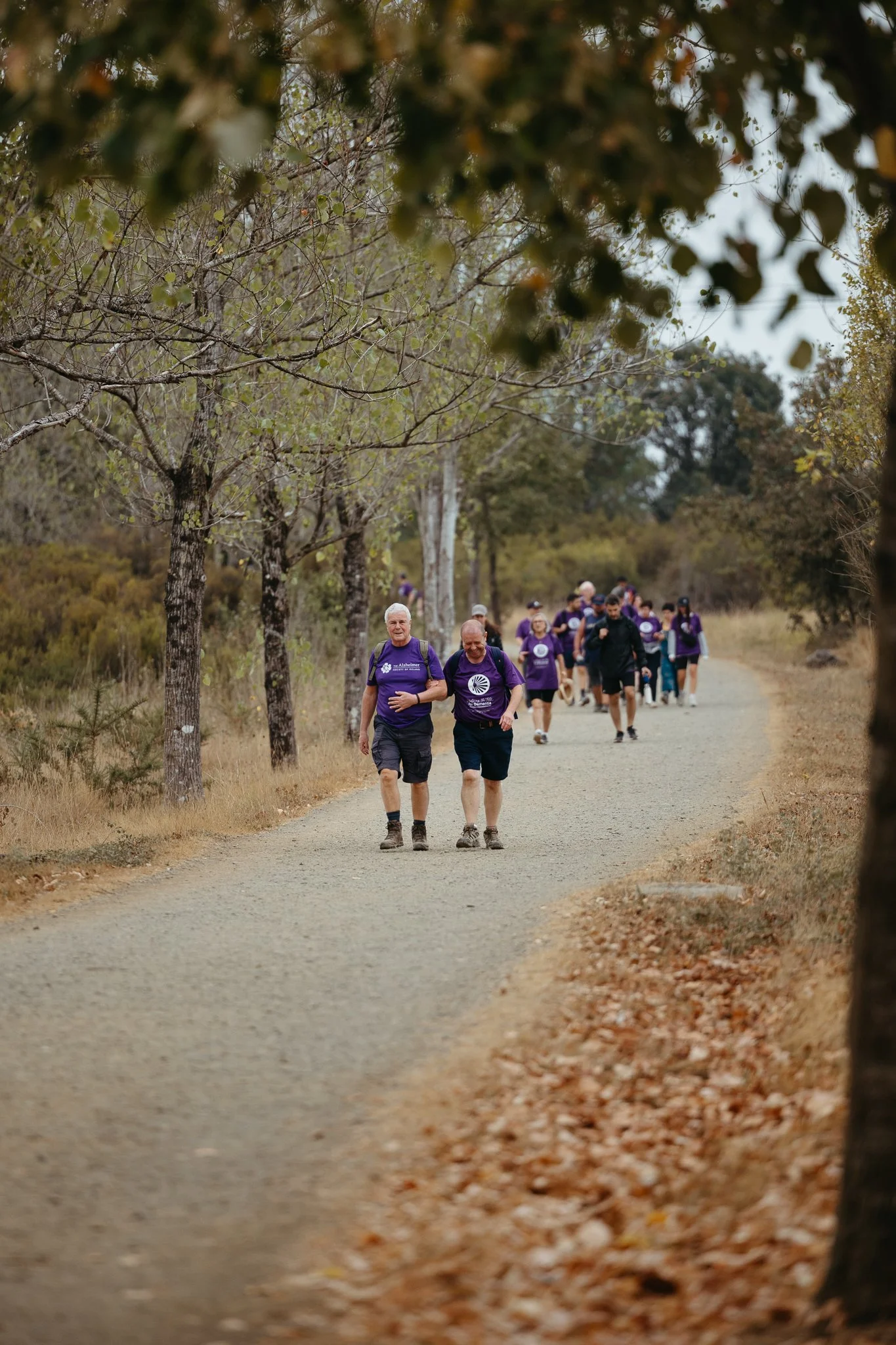 Group of people walking or hiking on a dirt trail through a forest with trees and fallen leaves, wearing purple shirts.