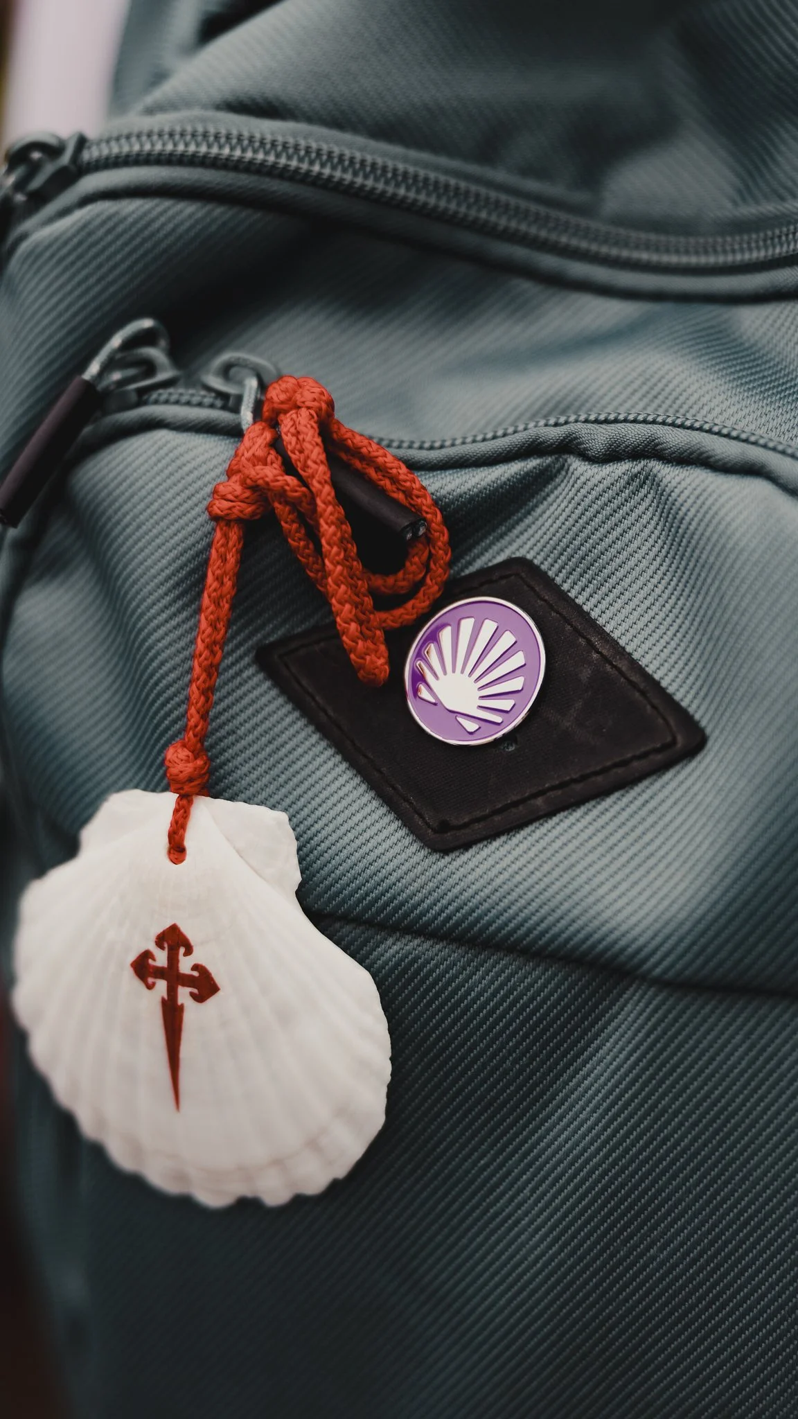 Close-up of a gray backpack with a black patch and two pins, one purple and one with a scallop shell clasp, attached with a red cord. The shell pin has a red cross and sword design.