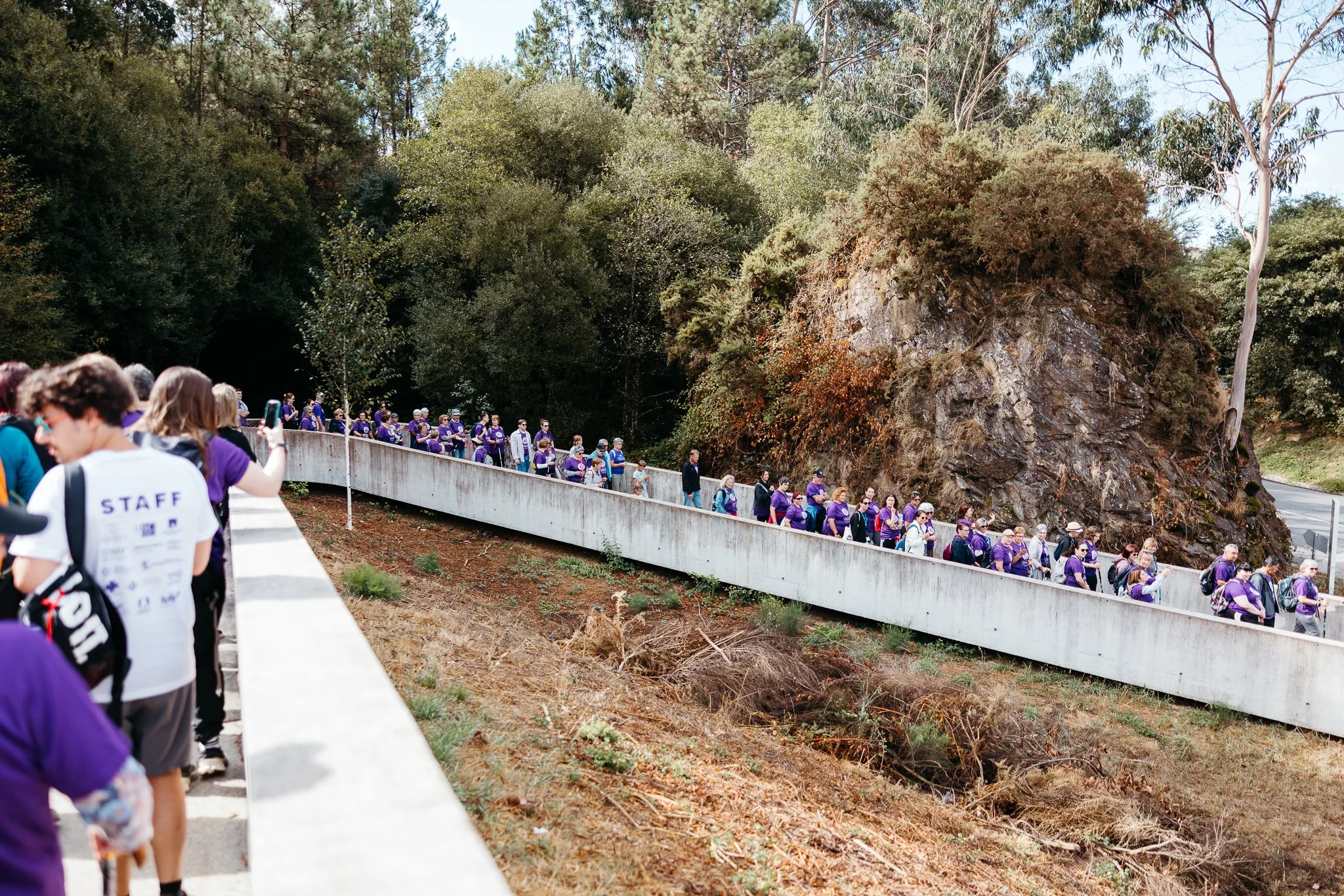 Group of people walking along a concrete pathway in a natural outdoor setting with trees and rocks.