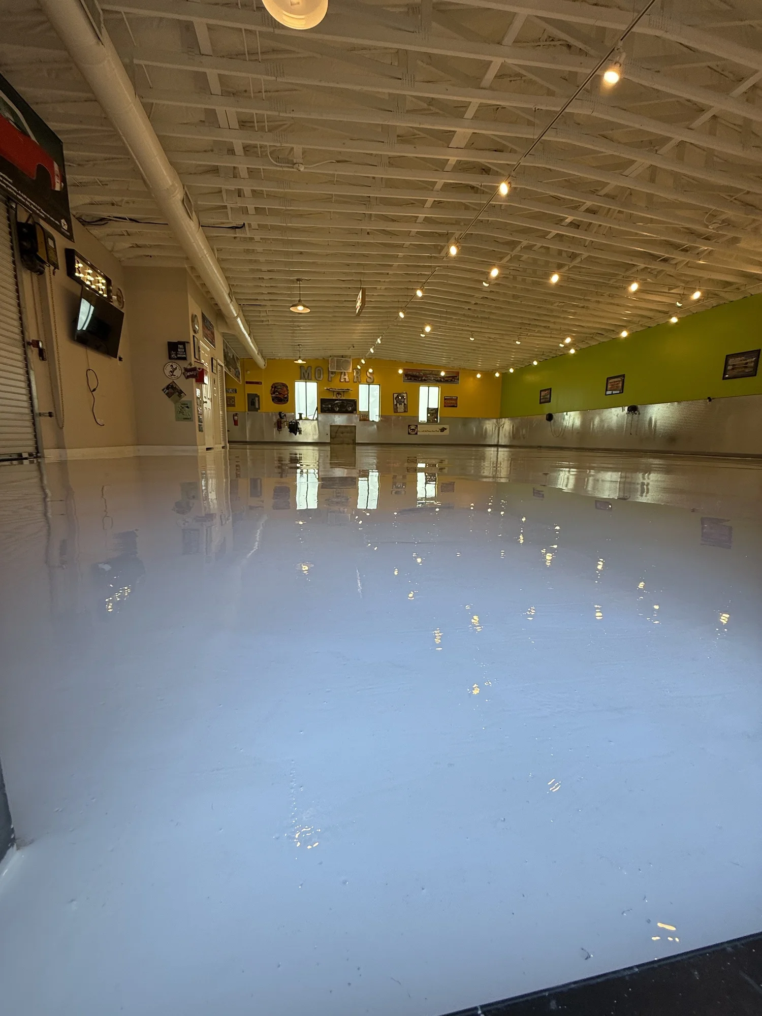 Glossy coated floor in a bowling alley