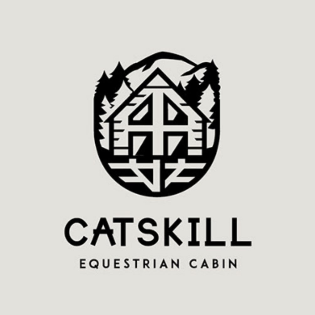 Logo for Catskill Equestrian Cabin featuring a stylized mountain, pine trees, and a wooden cabin