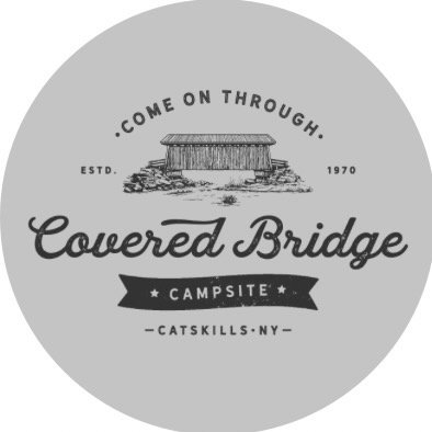 Logo for Covered Bridge Campsite in Catskills, NY, featuring an illustration of a covered bridge, established in 1970, with text 'Come on through'.