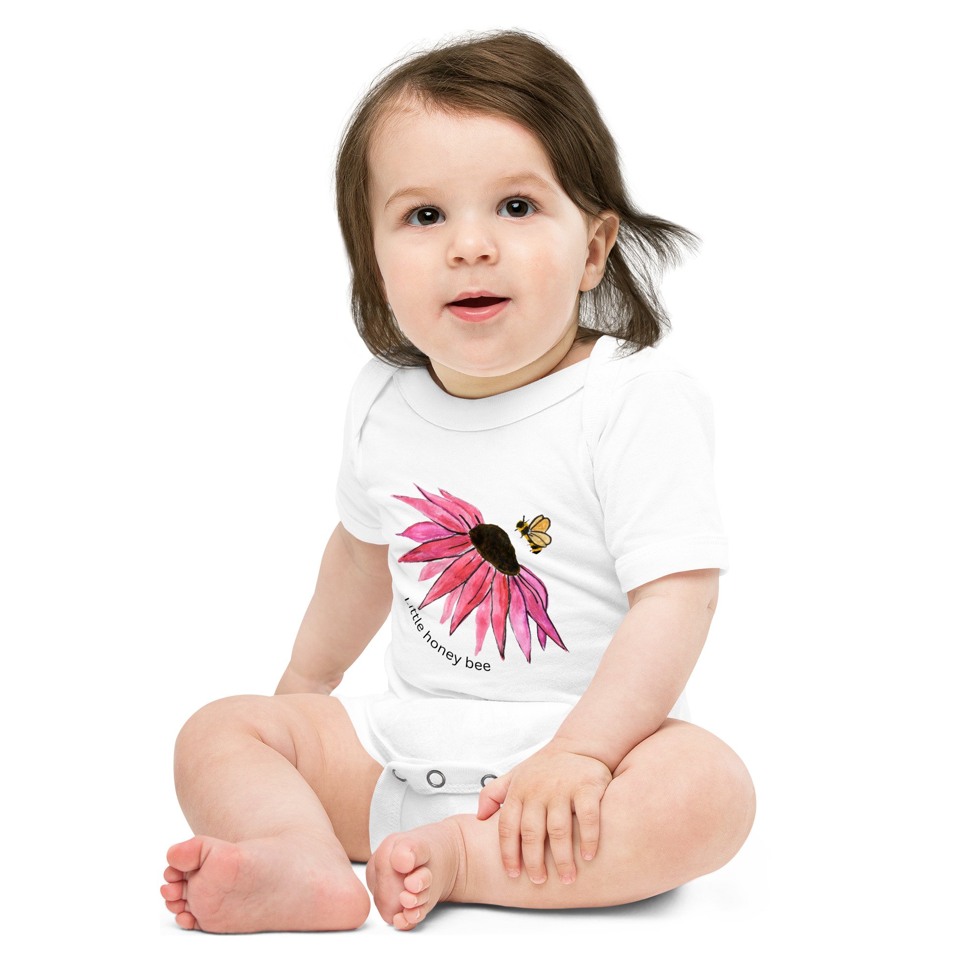 Baby short sleeve onesie from The Salty Bee | Pink flower with bee