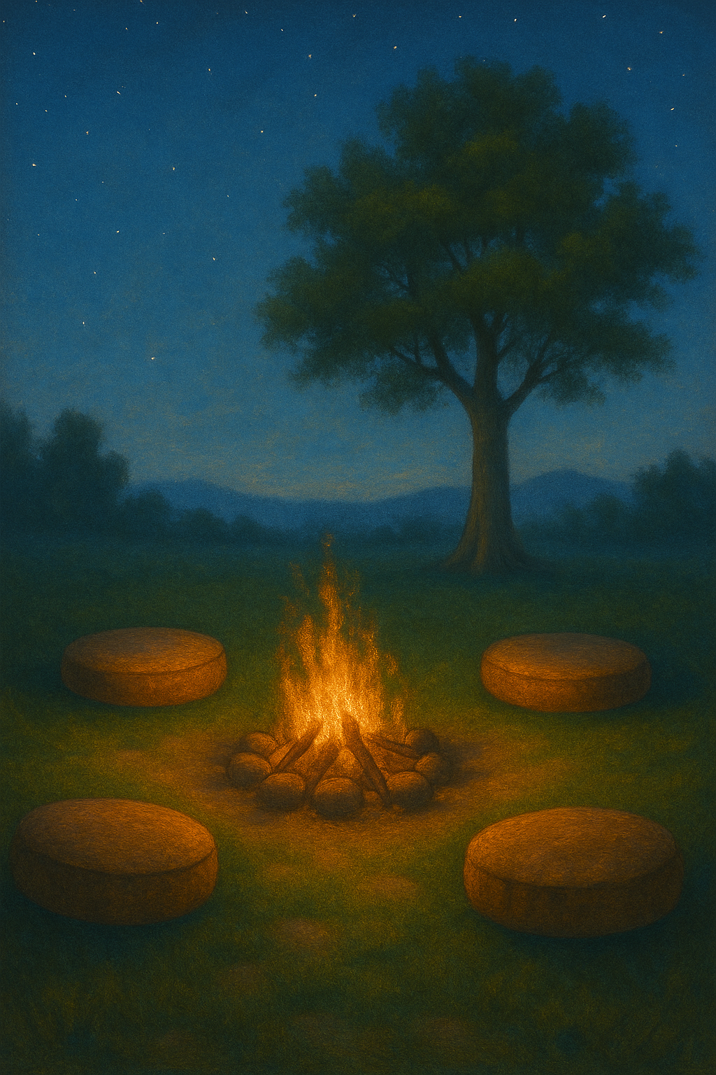 Path leading into trees under clear night sky and sacred fire,  symbolizing community healing, integration and clarity