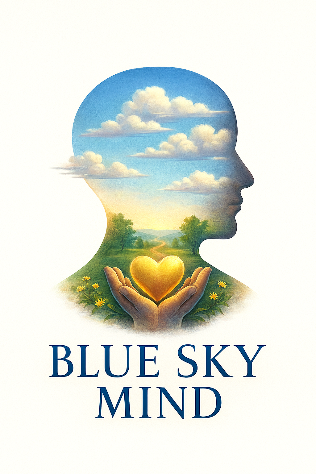 A human head filled with a blue sky and thought-clouds, their hands holding a glowing golden heart, revealing the path forward. "The Head Serves the Heart", Matthew E. Johnson. This is the primary symbol for Matthews healing platform.