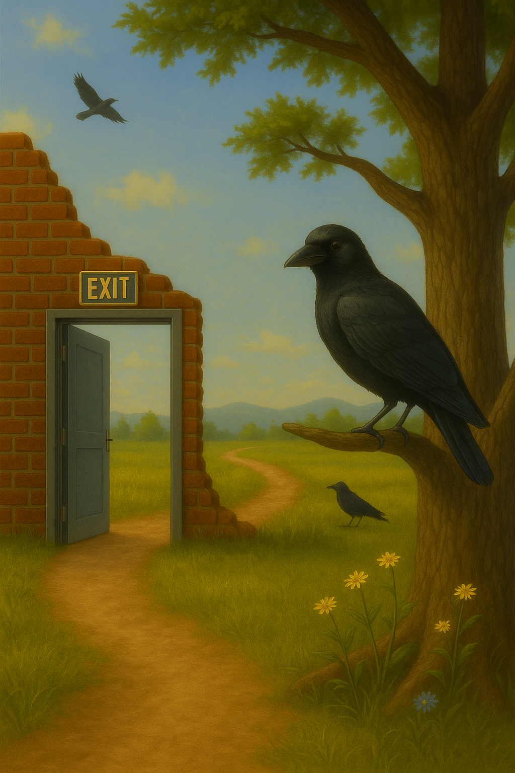 Path leading into trees under blue sky, called forward by crows, symbolizing integration and clarity