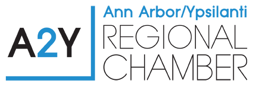 Logo of the Ann Arbor/Ypsilanti Regional Chamber with black background, blue and gray text.