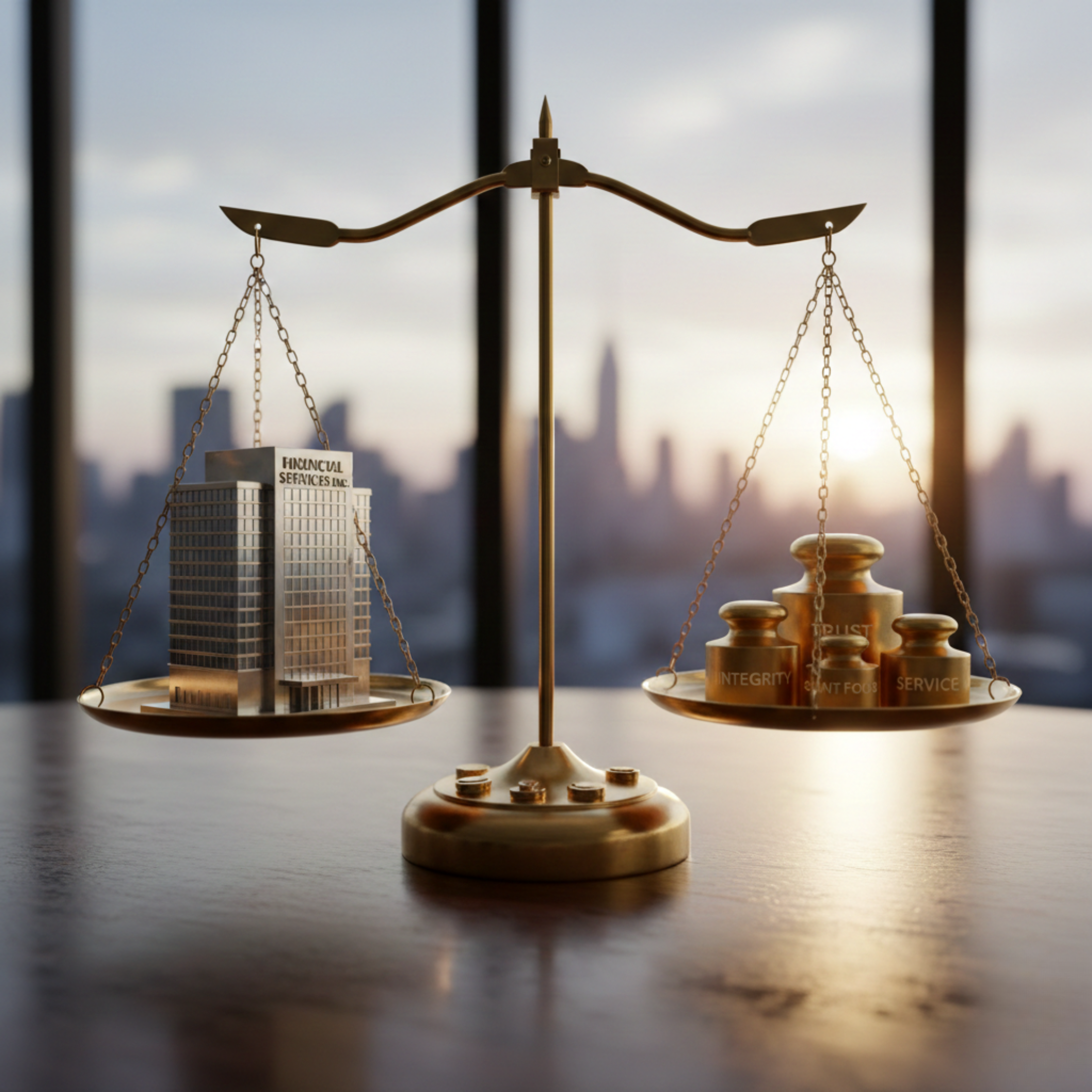 A brass balance scale with a building labeled 'Financial Services Inc.' on one side and stacks of pills labeled 'Trust,' 'Integrity,' 'Patient Focus,' and 'Service' on the other side, symbolizing weighing financial interests against ethical considerations.