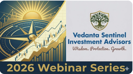 A promotional banner for Vedanta Sentinel Investment Advisors featuring a compass, rising graph, and the text '2026 Webinar Series' with the tagline 'Wisdom. Protection. Growth.'