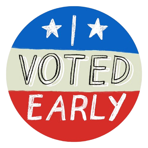 A circular logo with a blue, white, and red striped background. It features two white stars at the top and the words 'VOTED EARLY' written across the middle and bottom in black and glittery silver text, indicating early voting.
