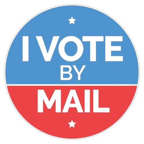 Circular sticker with blue top half and red bottom half, with the words "I VOTE BY MAIL" prominently displayed.