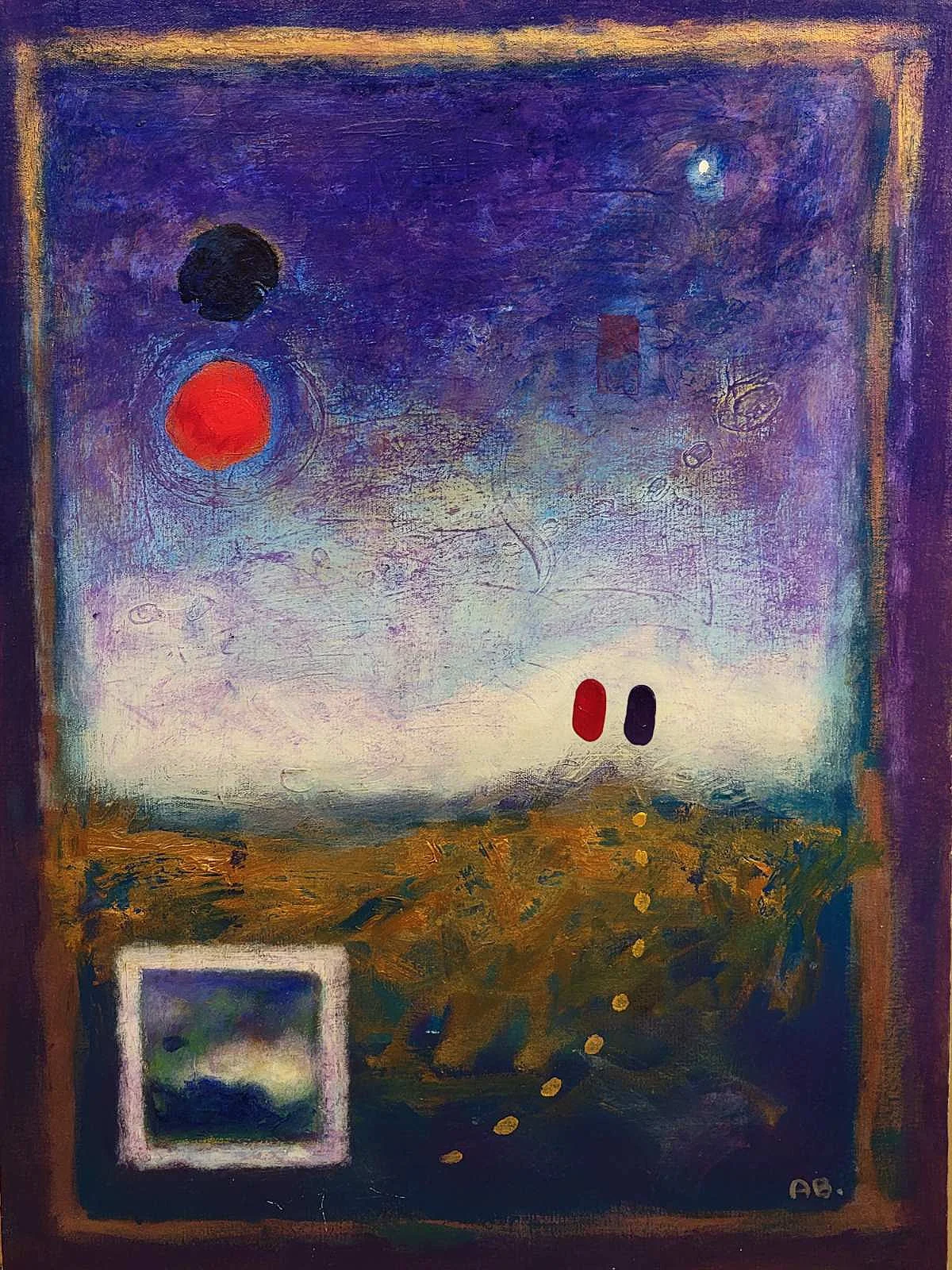 Abstract painting featuring a purple sky with celestial bodies, two red and black oval shapes, and a landscape with brownish ground. Small yellow dots and a white rectangular shape are also present.