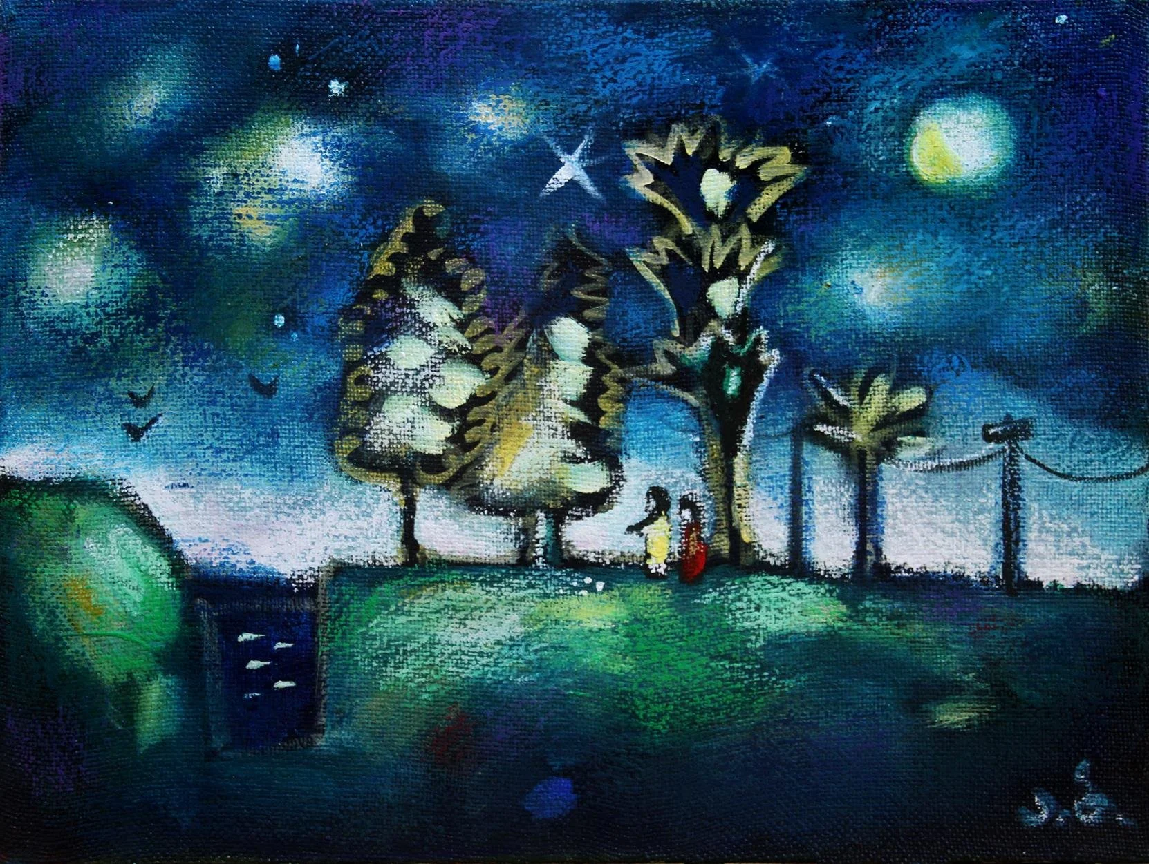Night scene with a large tree featuring butterfly-like patterns, two children walking with an adult, birds flying, and a starry sky with a bright moon.