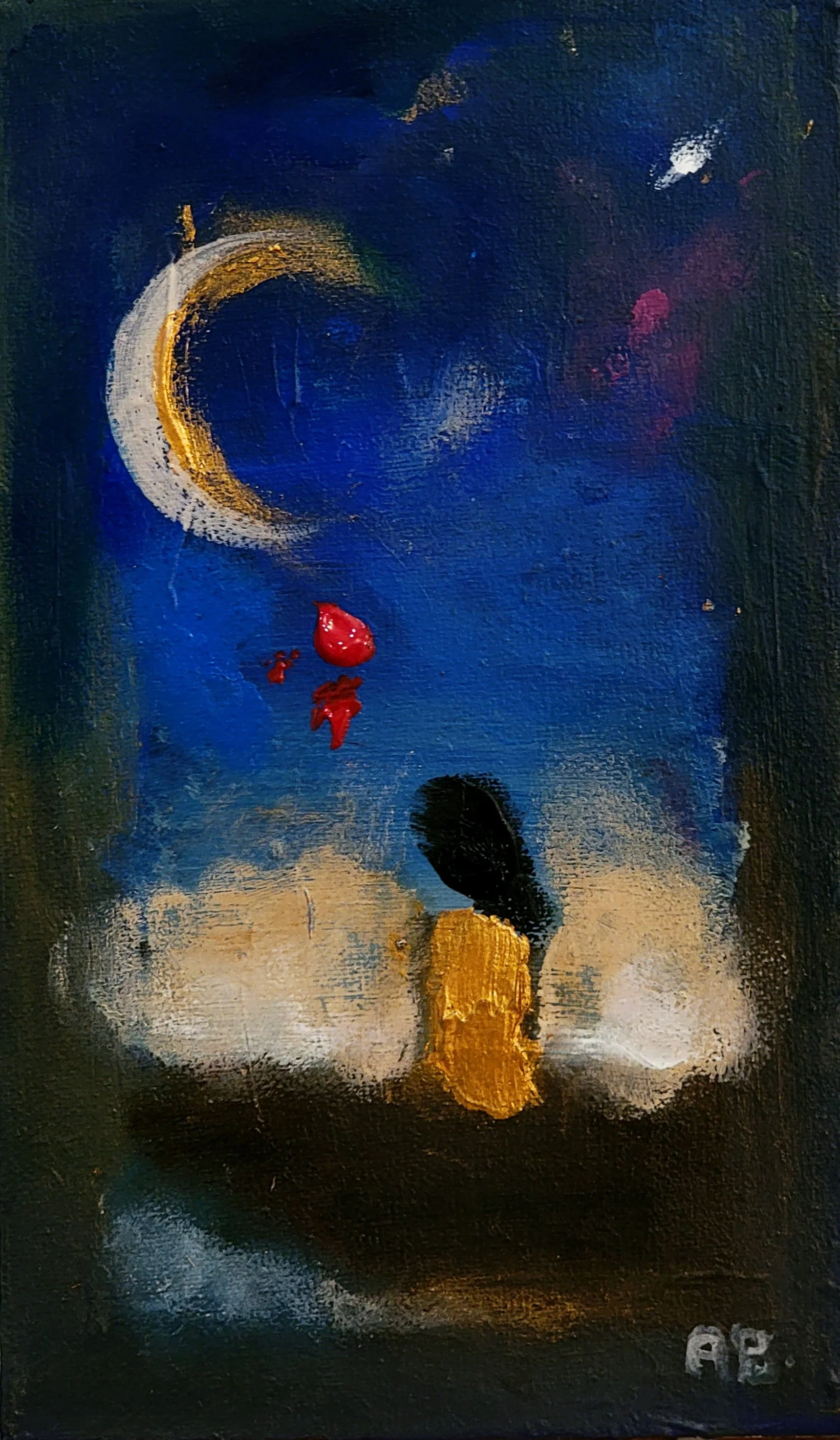 Abstract painting with a crescent moon, blue sky, white clouds, a black and gold figure, and red and white paint splatters.