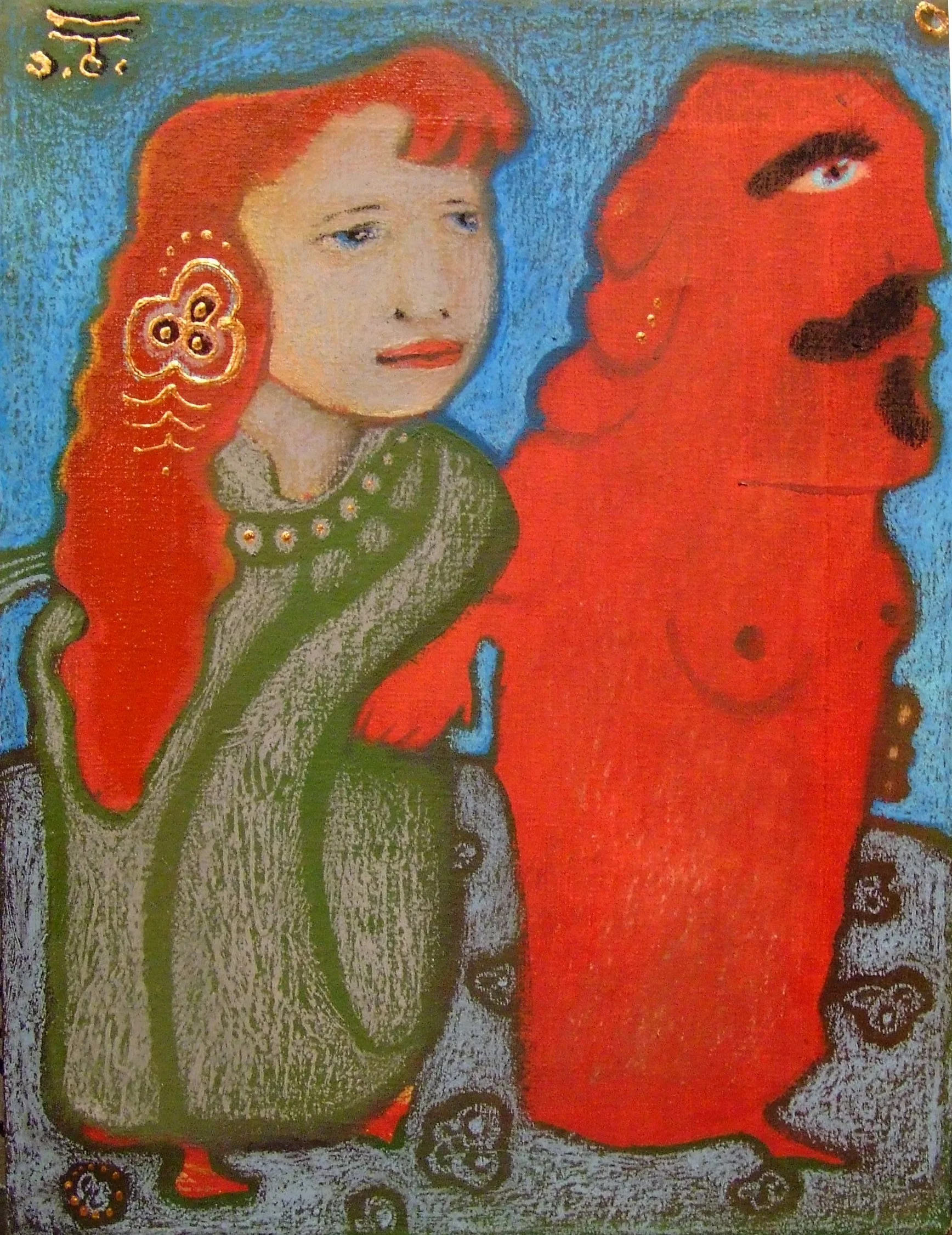A painting of a woman with long red hair and a green dress, standing beside a red horse, against a blue background.