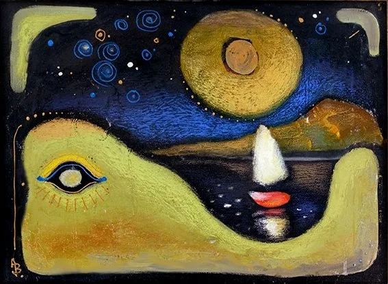 Abstract painting with a large yellow face, a blue eye, and surreal elements including a moon, stars, a sailboat, and a face with lips, set against a night sky background.
