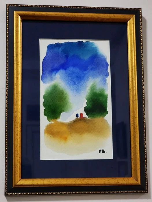 Watercolor painting of two trees with a sky and two small figures walking on a path.