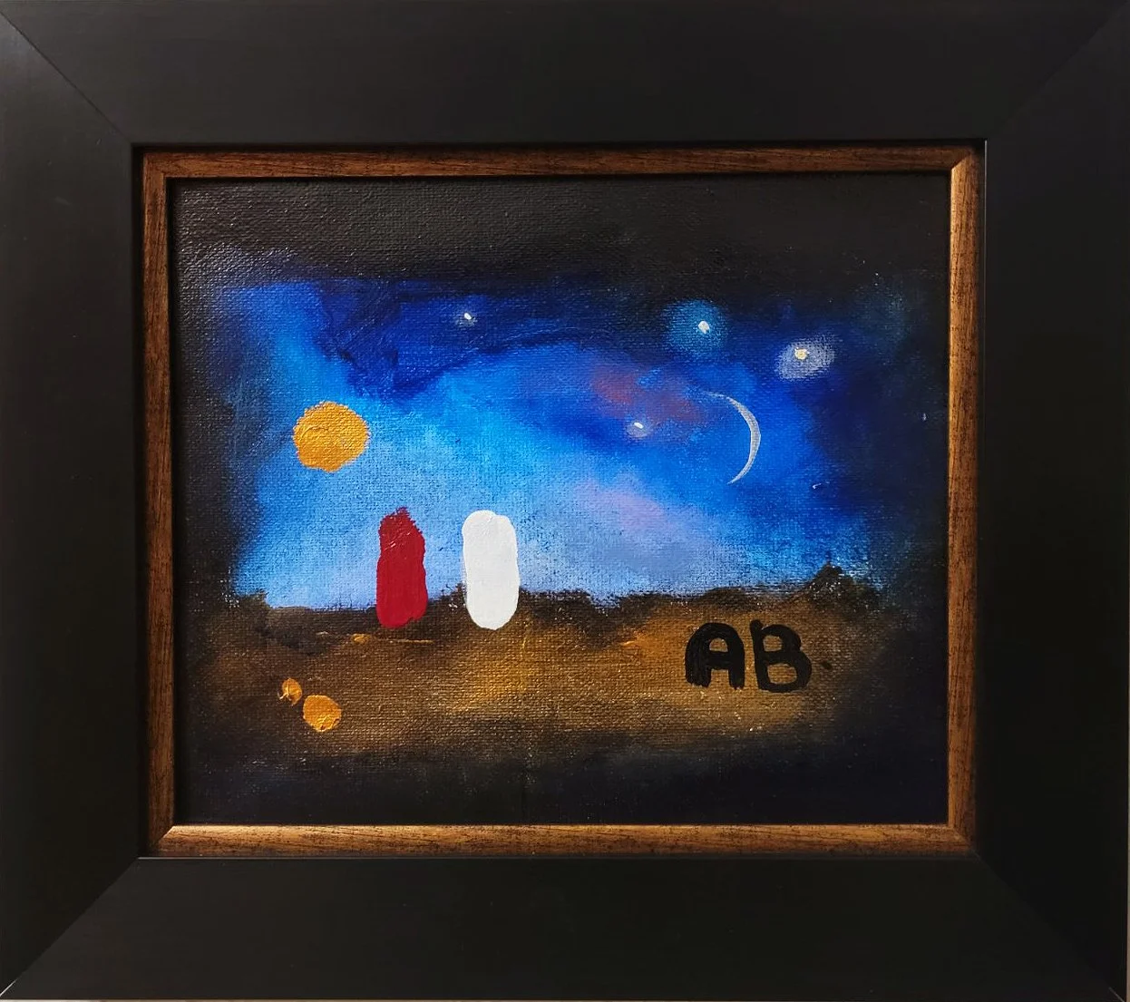 Small framed painting depicting a night sky with a crescent moon and stars, two abstract figures in red and white, and initials 'AB' in black at the bottom right.