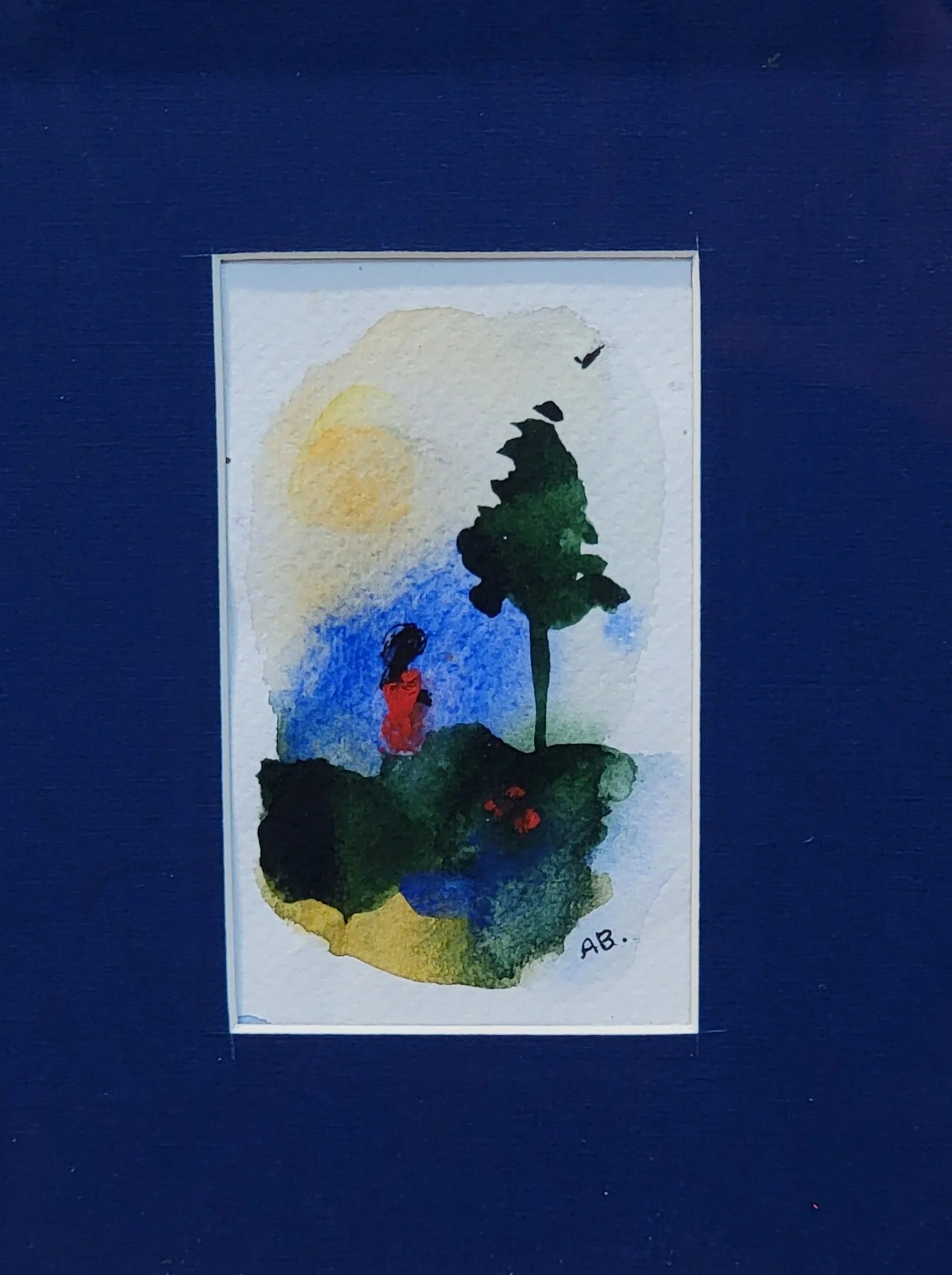 Watercolor painting of a person in red standing near a tree with a large yellow sun and a bird flying in the sky.