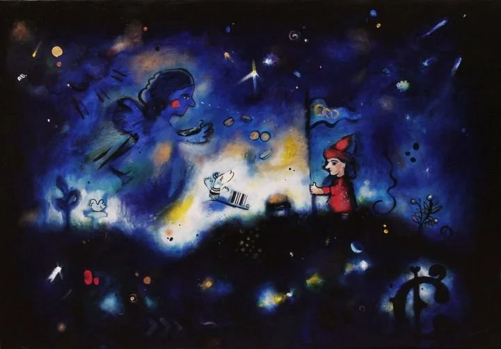 Colorful mural depicting a girl dressed as a gnome with a pointed hat, standing next to an anchor, and a large mystical figure with wings and blue skin, surrounded by stars and cosmic elements.
