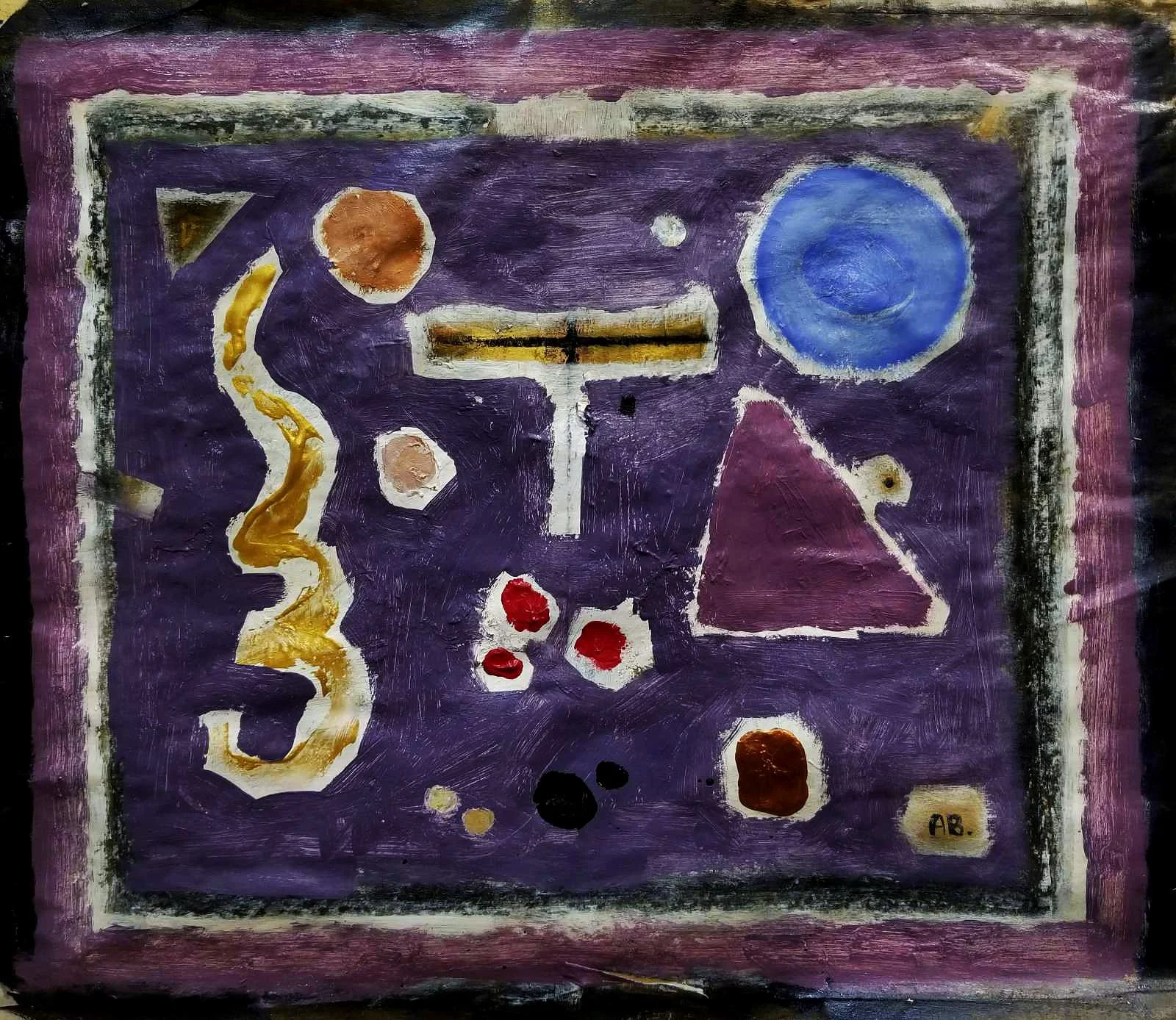 Abstract painting with a purple background, featuring various geometric and organic shapes in different colors including blue, brown, red, black, and white, framed by a pink border.