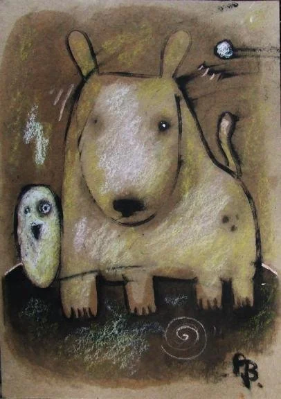 A whimsical drawing of a dog with a squirrel-like body on a brown background, with a small moon or ball in the top right corner.