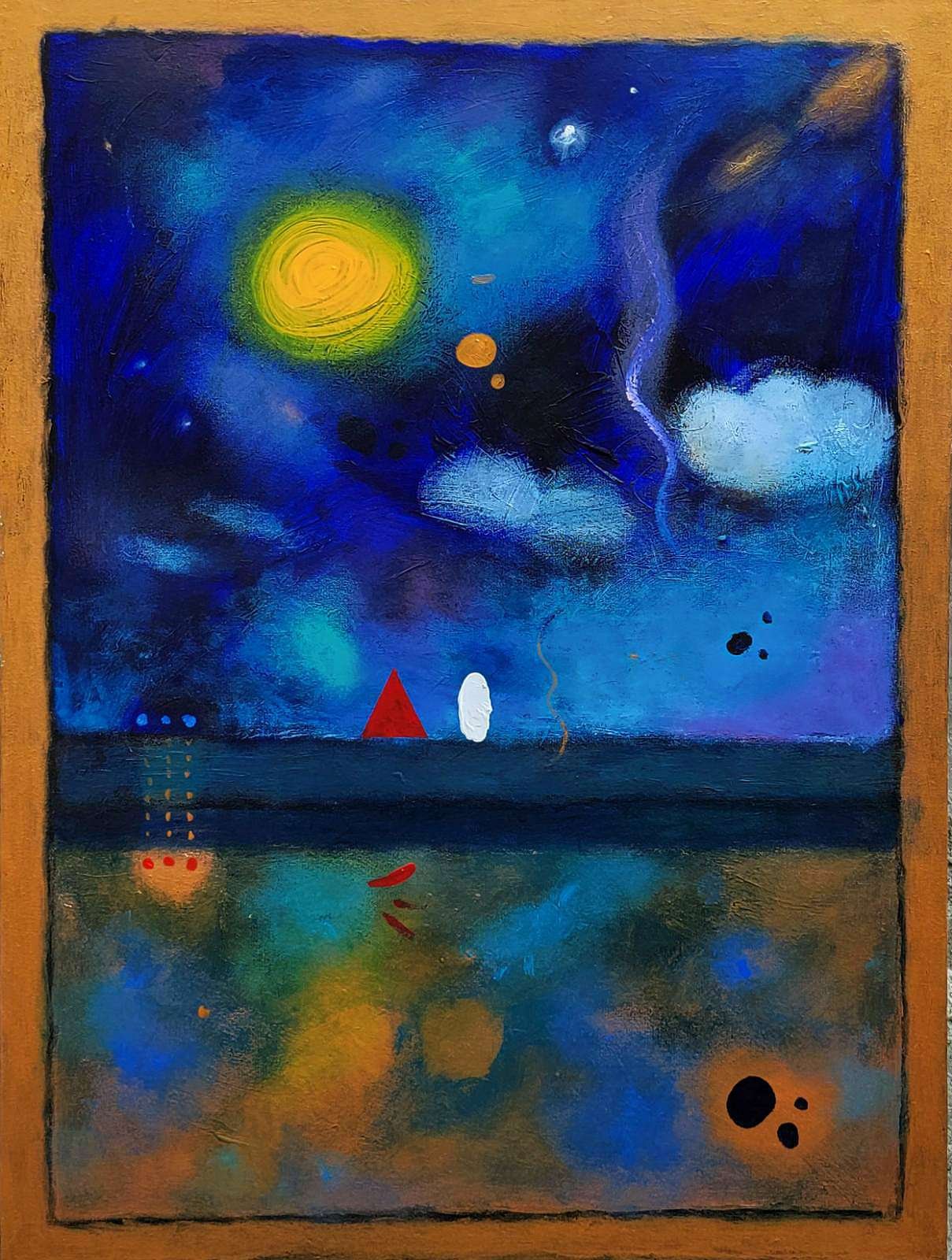 Abstract painting with a dark blue and black sky, featuring a yellow-green swirling sun, stars, and planets. Reflective water below with colorful reflections, and small geometric shapes like a red triangle, white oval, and red curved line.