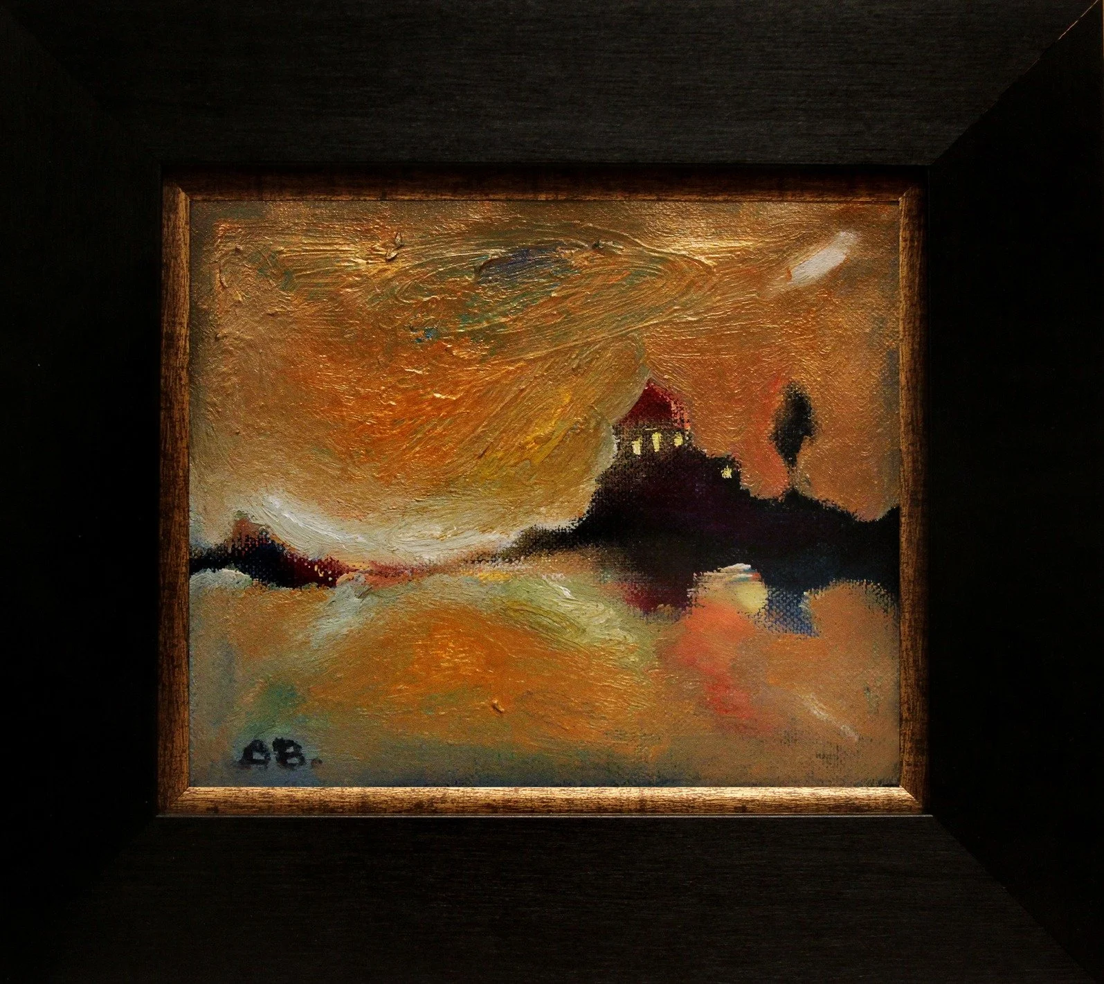 An impressionist-style painting depicting a sunset or sunrise over a body of water, with a small house or building and trees on a hill. The sky has swirling orange, yellow, and blue hues, reflected in the water below.