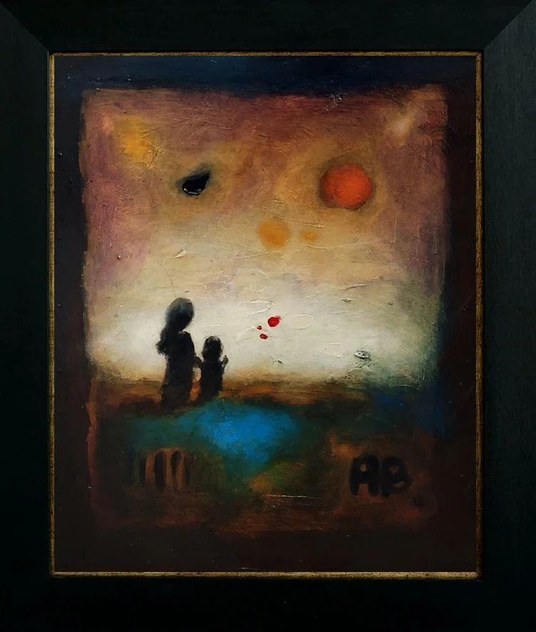Abstract painting featuring two dark silhouetted figures, possibly a woman and a child, gazing at a colorful cosmic scene with planets, black shapes, and red dots, on a textured background with ropy brushstrokes.