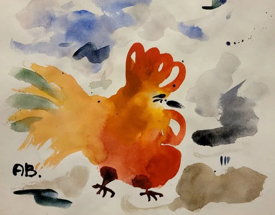 Watercolor painting of a colorful rooster with a bright red comb, orange and yellow body, black beak, and dark eyes, with a cloudy sky background.