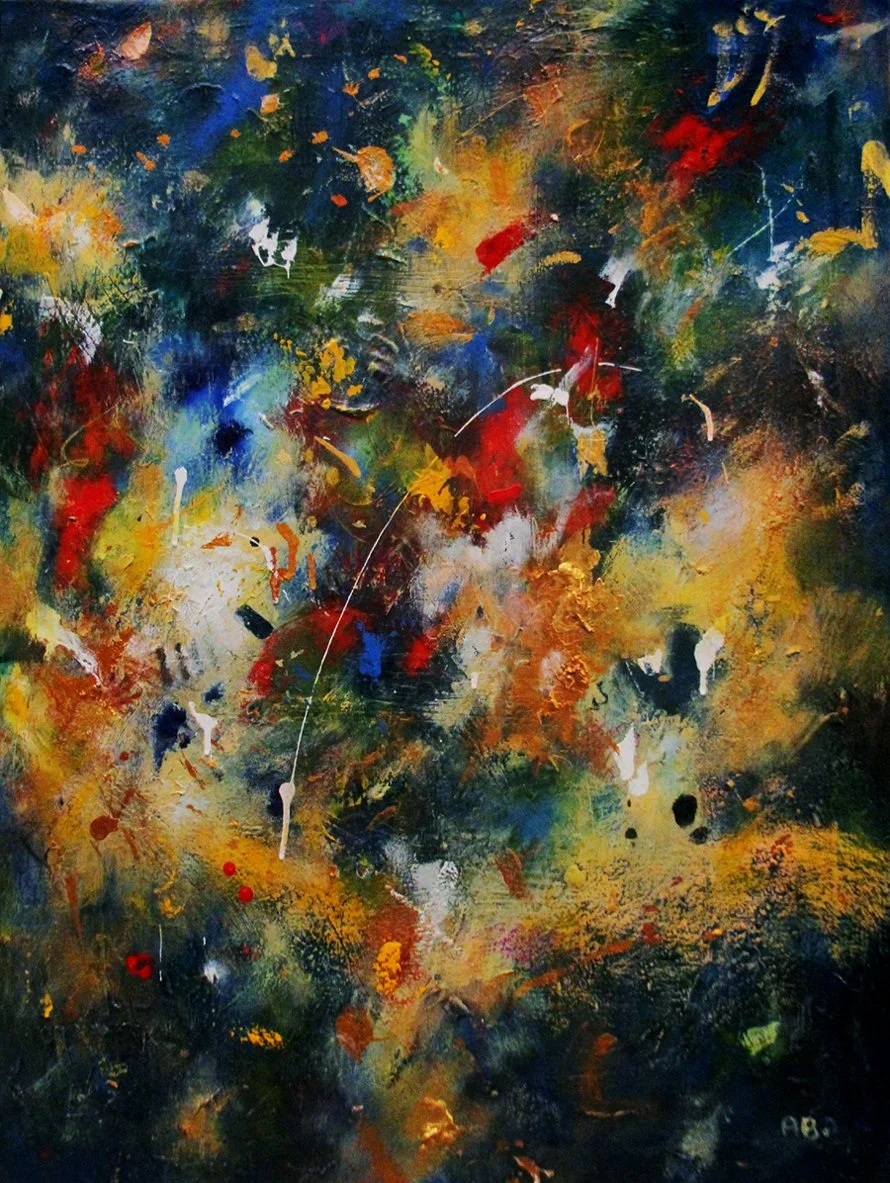 Abstract expressionist painting with splashes of red, yellow, blue, black, and white colors on a dark background.