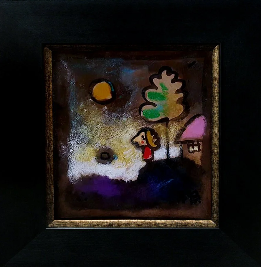 Child with a yellow hat walking outside near a house with a pink roof, trees, and the sun in the sky.