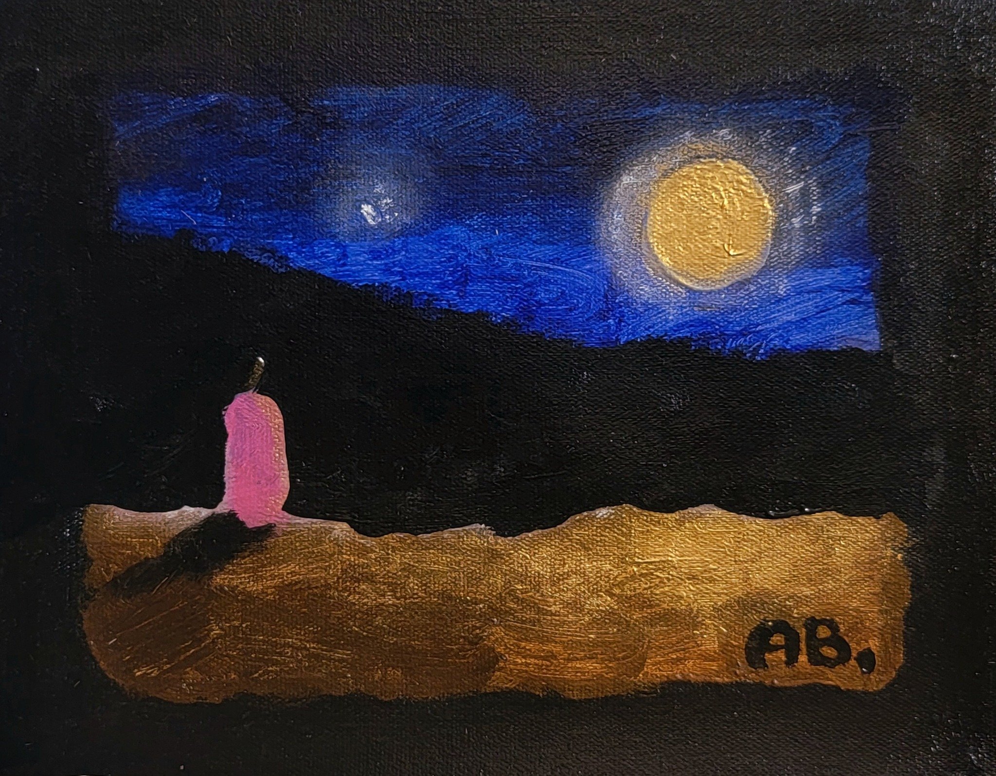 A painting of a pink candle on a wooden surface under a night sky with a bright moon and clouds, signed 'AB.'