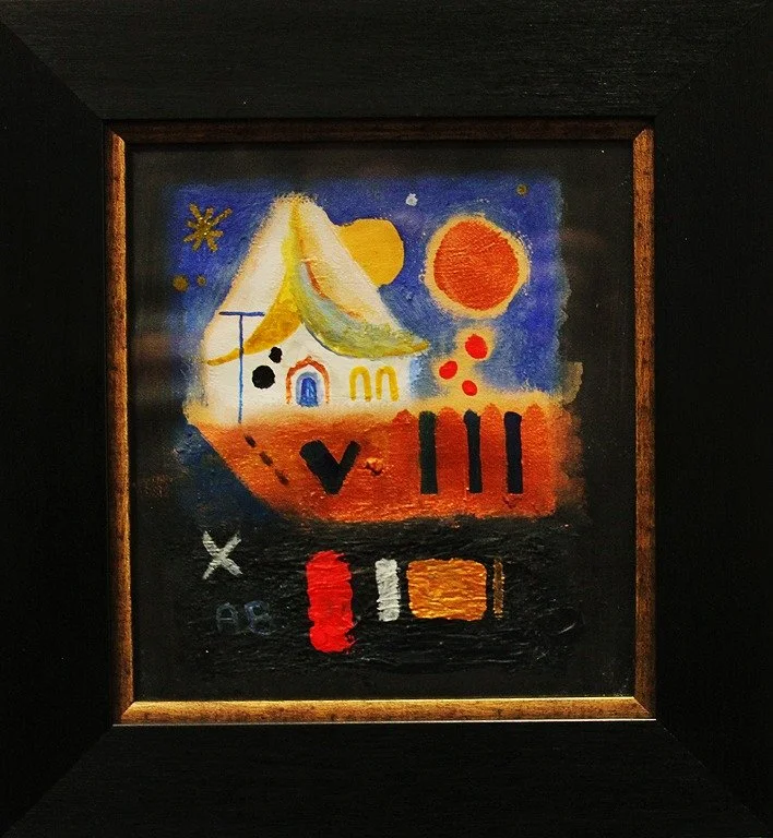 A colorful painting featuring a house with a yellow roof, a red and orange sun, and various abstract shapes and symbols on a dark background.